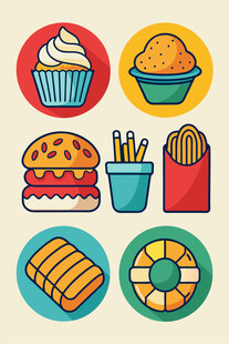 多彩美味快餐图标集合
