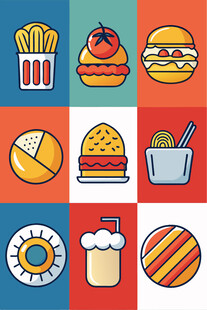 多彩美味快餐图标集合