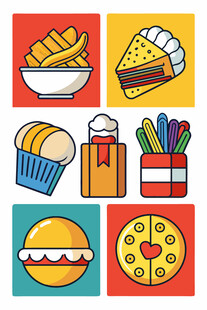 多彩美食与文具图标集合