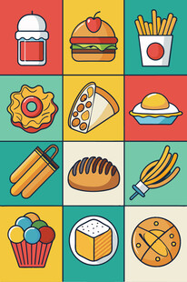 多彩美味快餐图标集合