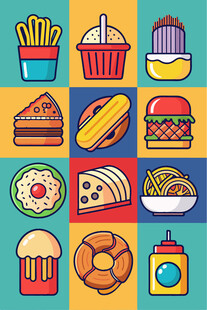 多彩美味快餐图标集合