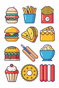 多彩美味快餐图标集合