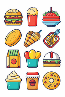 多彩美味的各式快餐图标