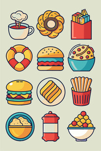 多彩美味的各式食物图标