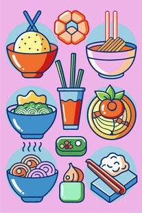 多彩卡通风格亚洲美食集合