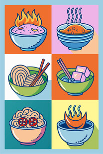 多彩美食碗热气腾腾诱人