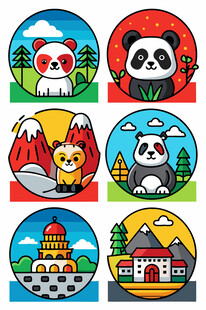 可爱动物与地标风景图标集