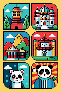 多彩城市地标与可爱动物