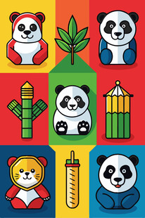 可爱熊猫与多样元素图案