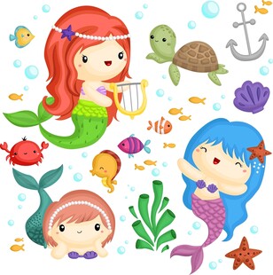 可爱美人鱼与海洋生物图案
