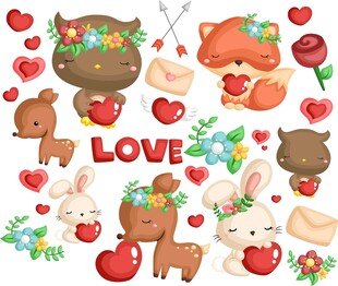 可爱动物与爱心浪漫插画
