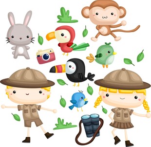 儿童探险家与可爱动物们