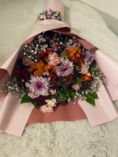 粉色披风包裹的多彩花束