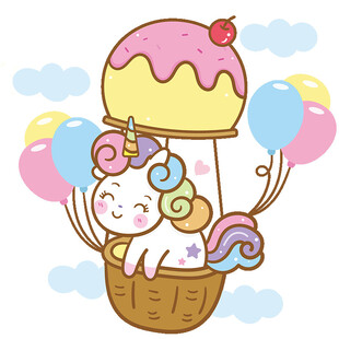 可爱独角兽乘甜品热气球