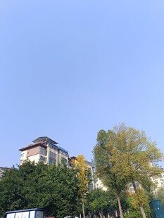 蓝天绿树旁的建筑