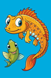 卡通鱼与蜥蜴的趣味画面