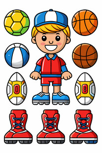 男孩与多样运动装备