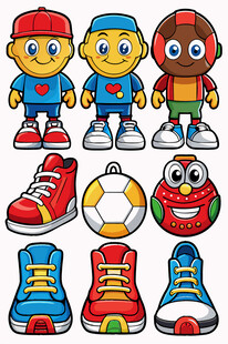 卡通角色与多彩运动鞋
