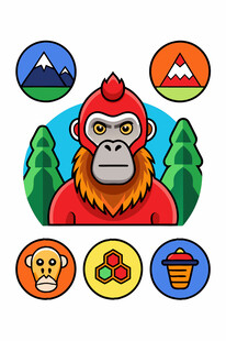 卡通猴子与多彩图标组合