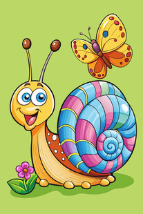 彩色蜗牛与蝴蝶的童趣画面