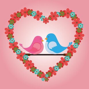 心形花环中依偎的双色小鸟