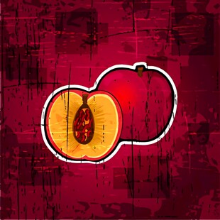 红色背景中的切开桃子