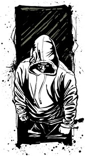 戴兜帽者坐于门前