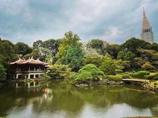 湖畔中式园林与远方尖塔