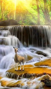 阳光洒落的林间潺潺溪流