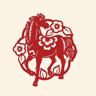 红色剪纸风骏马花卉图案