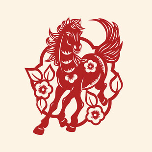 红色剪纸风奔腾骏马图案