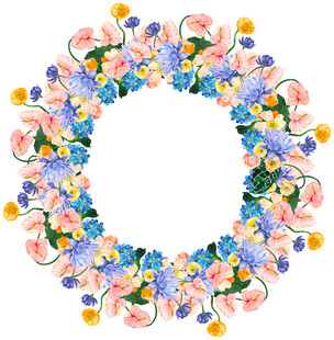 多彩花卉组成的圆形花环