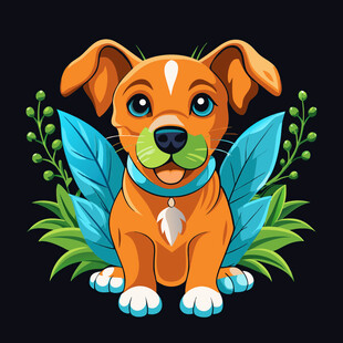 可爱小狗与绿叶相伴