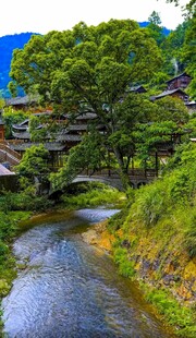 山间溪流旁的古朴村落