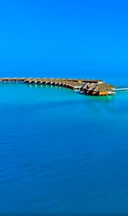 蓝色海面的延伸木质栈桥