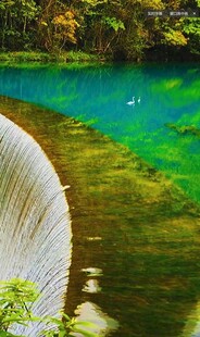 山间碧绿瀑布下的幽美水潭