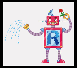 可爱机器人洒水持花图