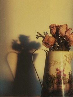 复古花瓶中的枯萎花朵