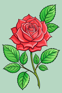 手绘红玫瑰与绿叶
