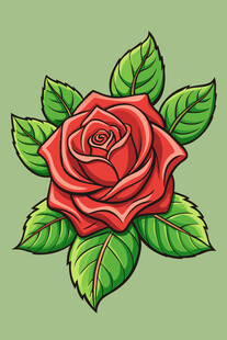 手绘红玫瑰与绿叶