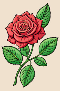手绘红玫瑰与绿叶