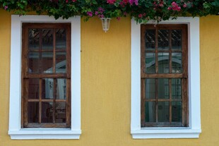 黄色墙面上的复古双窗