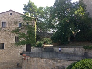 古朴石砌建筑旁的绿树景致