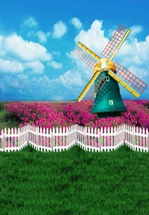 荷兰风车旁的绚烂花田