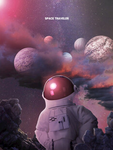 宇航员眺望梦幻外星景象