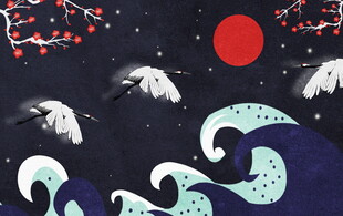 日式浮世绘风格海浪与山景