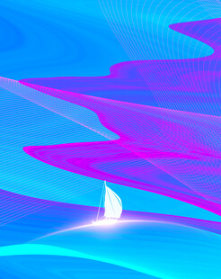 梦幻蓝紫海洋中的白帆船