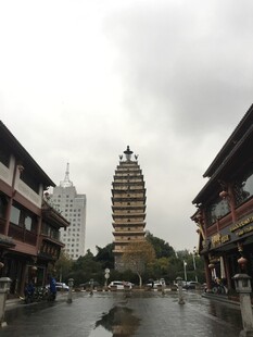 雨中古塔旁的中式建筑