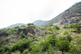 山间绿意盎然的岩石景观