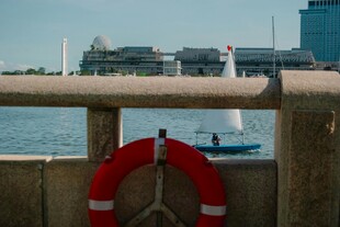 海边护栏上的红色救生圈